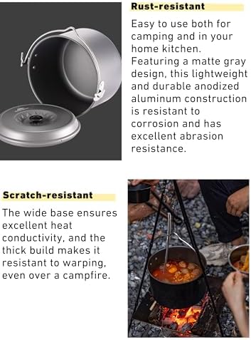 CAMPINGMOON 2.6L Hanging Pot Lightweight Aluminum Hard Anodized Campfire Cooking Pot with Foldable Handle, Compact Outdoor Camping Cookware, Small Size MC-220 - Image 4