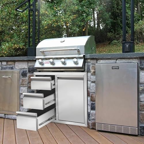 Outdoor Kitchen Drawer Combo, Stainless Steel Triple Drawer Cabinet with Built-in Trash Bin Drawer & Two Trash Cans, 28" W x 22" H x 19.5" D Outdoor Kitchen Storage for BBQ Grill Islands - Image 2