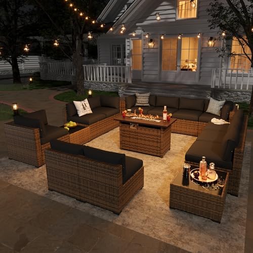 Aoxun Patio Furniture Sets, 15-Piece Outdoor Patio Furniture with 44'' Propane Gas Firepit Table, Wicker Outdoor Conversation Set Sectional Sofa for Backyard, Poolside, Garden - Image 3