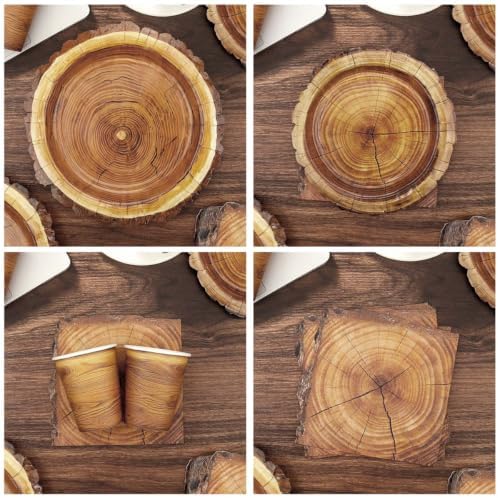 175 Pieces Camping Wood Grain Slice Tableware Set Rustic Wood Party Decorations Plates Napkins Cups Knives Fork Spoon for Hunting Birthday Party Decorations Serve 25 Guests - Image 3