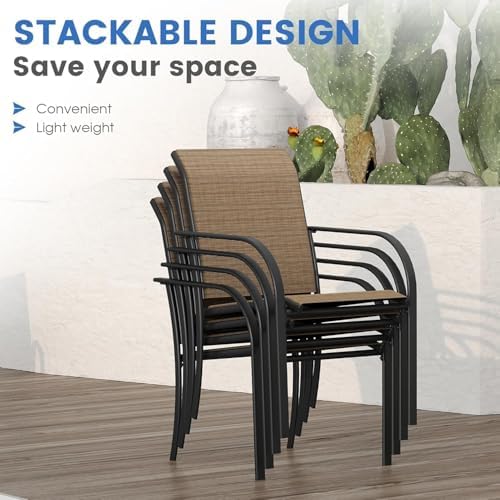 VICLLAX Patio Dining Set for 6, All Weather Metal Outdoor Furniture Set- 47" Round Patio Table and Chairs, Walnut Tabletop and Brown Fabric - Image 4