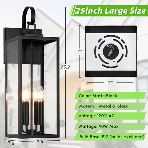 BesLowe 25" Extra Large Outdoor Wall Light, 4-Light Black Exterior Sconce - Image 6
