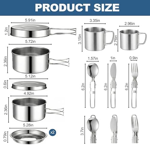 14-Piece Camping Cookware Set, 304 Stainless Steel Pots and Pans - Image 2