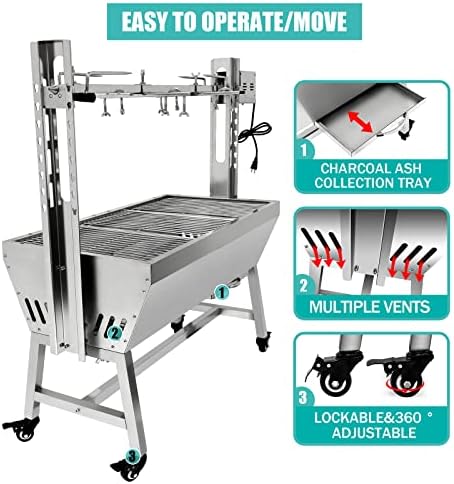 37" Electric Rotisserie Grill, Pig Lamb Spit Roaster Stand Rotisserie 132 Lbs Capacity With Adjustable Height, BBQ Charcoal Rotisserie Grill Kit Stainless Steel For Outdoor Party Camping - Image 4