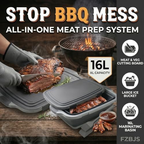 Collapsible BBQ Prep Tub with Lid & Integrated Cutting Board, 16L XL Meat Marinating Basin with Drain Plug, Foldable Grill Prep Station with Heat-Resistant Gloves, Brush & Spatula (X-Large, 16L) - Image 2