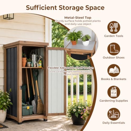 Outdoor Storage Cabinet Waterproof with Metal Top, Wooden Potting Bench Table Tool Organizer with Adjustable Shelf for Patio Backyard Garden - Image 4