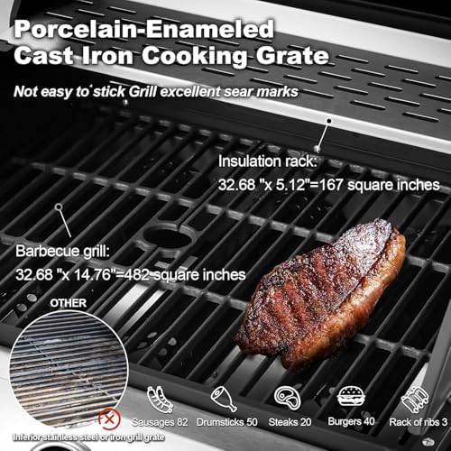 MELLCOM Upgraded 60,000 BTU Stainless Steel Burner Barbecue Grill, 6 Burner BBQ Propane Gas Grill with Side Stove & Cast Iron Grates for Patio, Camping, Outdoor Cooking - Image 4