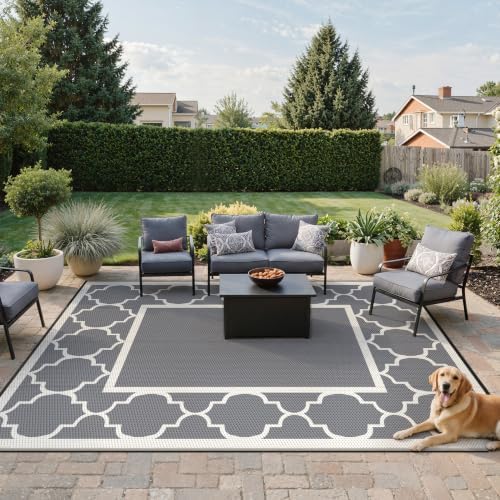GENIMO Outdoor Rug, Waterproof Plastic Rugs for Patio, 9'x12' Grey White - Image 2