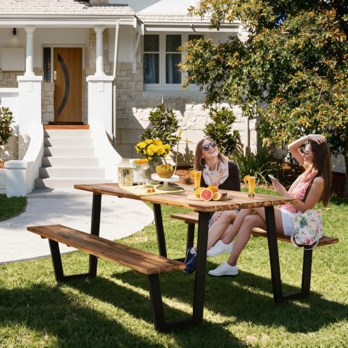 ORALNER Acacia Wood Picnic Table Bench Set w/2“ Umbrella Hole, 6-8 Person - Image 7