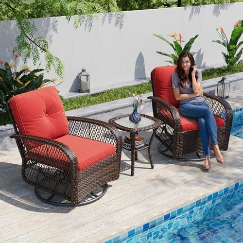 Aoxun 3 Pieces Patio Furniture Set, Patio Swivel Rocker Chairs Set of 2, Wicker Outdoor Bistro Set with Rocking Chair, Thickened Cushions and Table for Porch (Red) - Image 2