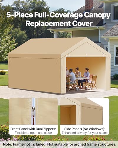 VEVOR Carport Replacement Canopy Cover, 10 x 20 ft Potable Garage Tent Top Tarp with Sidewalls, UV-Resistant & Waterproof, Heavy Duty Car Shelter Tarp with Ball Buggees, Beige, Frame Not Included - Image 3