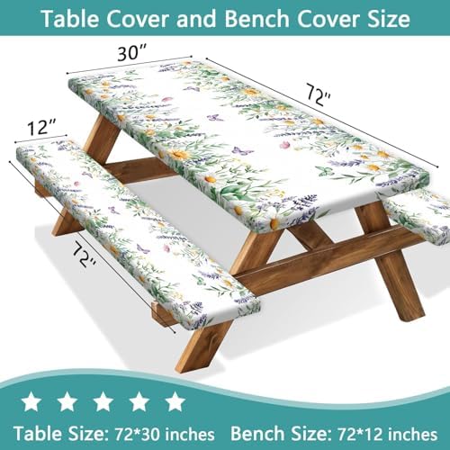 Floral Picnic Table Cover with Bench Covers, Camping Essentials, Leaves Flower Butterfly Waterproof Windproof, Fitted Tablecloth Cover with Elastic Edge, for Indoor, Outdoor, 3 PCS, 30x72 Inch - Image 2