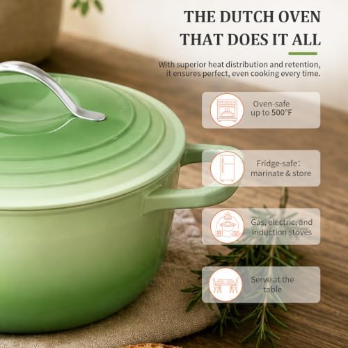 Winado 7.5 Qt Enameled Cast Iron Dutch Oven Pot with Lid, Green Ombre - Image 6