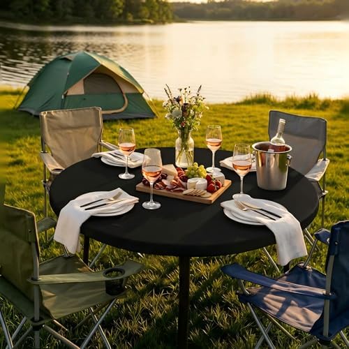 LUSHVIDA Round Tablecloth, Fitted Table Cloth for 45"-56" Tables, Black - Image 3