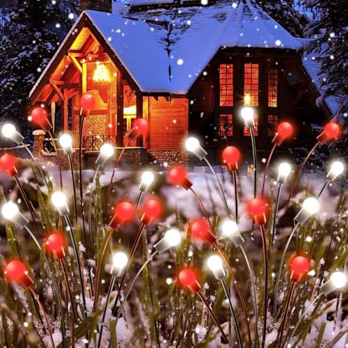 OZS 6Pack Total 48LED Solar Garden Lights Christmas Fairy Outdoor - Solar Firefly Lights Fairy Outdoor, Sway by Wind, Waterproof for Pathway Patio Yard Christmas Decorations(Red&White) - Image 2