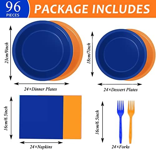 Wiooffen 96 Pcs Orange and Blue Birthday Party Plates Napkins Dart War Party Supplies Tableware Disposable Orange Blue Paper Dinnerware Decoration for Baby Shower Birthday Party, 24 Guests - Image 2