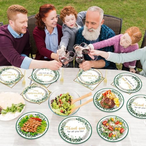 Thank You Party Plates Napkins We Appreciate You Tableware Set Green Eucalyptus Leaf Dinnerware Employee Appreciation Disposable Plate Fork for Teachers Doctors Nurses Staff Graduate Supplies Serve 24 - Image 5