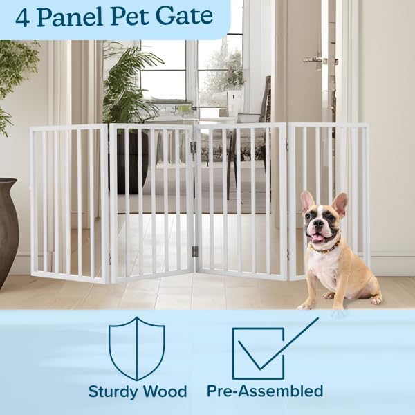 Pet Gate - 4-Panel Indoor Foldable Dog Fence for Stairs, Hallways or Doorways - 72x24-Inch Retractable Wood Freestanding Dog Gates by PETMAKER (White) - Image 3