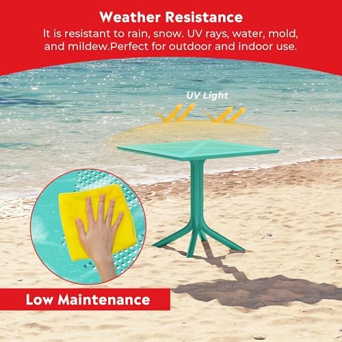 Costaelm Patio Dining Table for 4, Square PP Patio Table, 4-Person Weather Resistant Porch Tables for Outside Poolside Deck Lawn Garden Backyard, Turquoise - Image 4