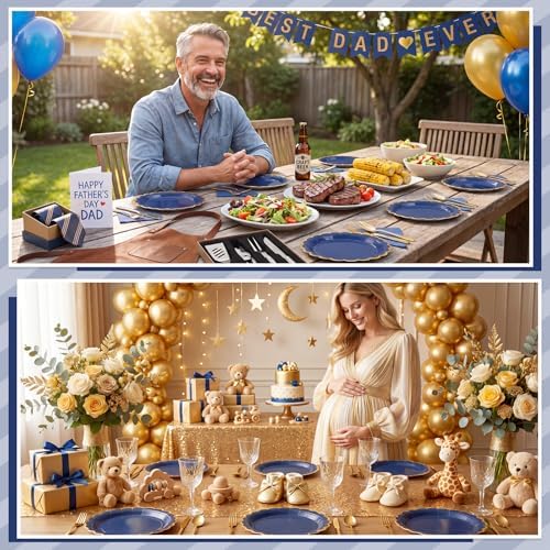 NatNarr 30 Pk Navy Blue Paper Plates 9" Scalloped Blue Gold Party Plates - Image 7