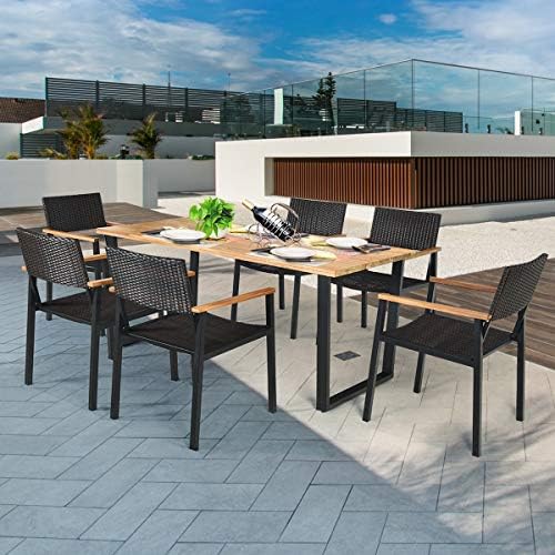 Tangkula 7 Pieces Outdoor Dining Set, Patented Patio Furniture Set w/Large Rectangle Acacia Wood Table Top, Rattan Chairs with Steel Frame, Umbrella Hole, for Backyard Garden - Image 3