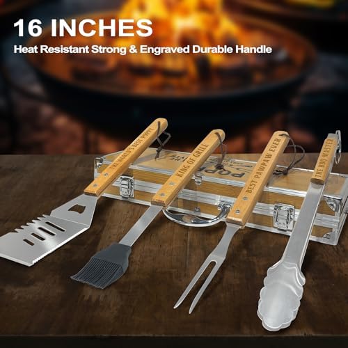 Poppy Gifts from Grandkids Christmas, Heavy Duty Wooden BBQ Grilling Accessories Kit for Backyard, Poppy Thick Stainless Steel Grill Utensils with Non-Slip Handle Tools in Portable Bag Birthday - Image 4