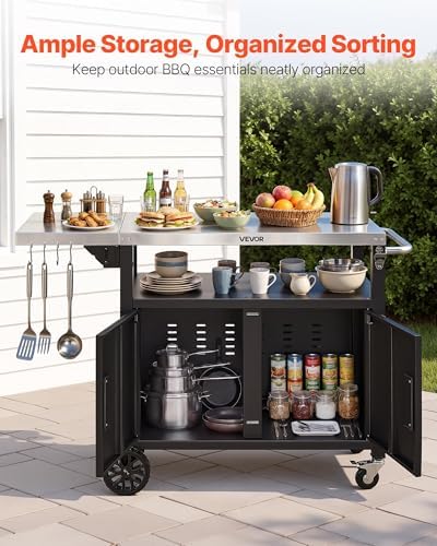 VEVOR Outdoor Grill Cart with Storage Cabinet, 48.9 Inch Grill Table, Waterproof Kitchen Island with Stainless Steel Top, Shelf, and Wheels, Movable Food Prep Station for Patio Bar Backyard BBQ - Image 3