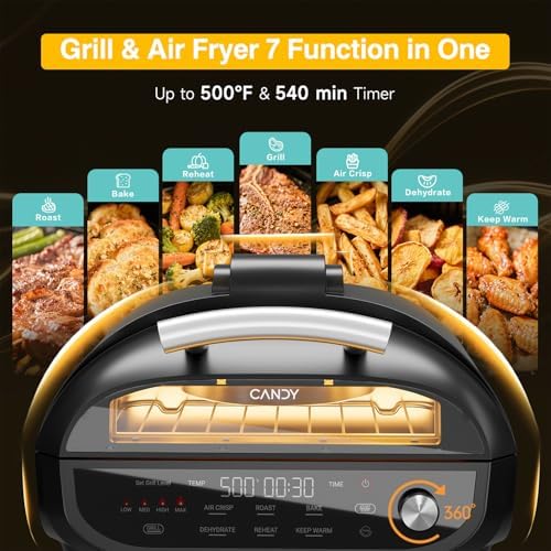 Candy Indoor Grill & Air Fryer with Ceramic Accessories, 500°F Max, 7-IN-1 Digital Display, 5.2 QT Electric Low Smoke with View Window, Smart Thermometer, Crisp, Roast & Dehydrate, Easy Clean, 1500W - Image 3