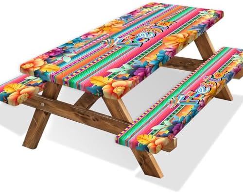 Mexican Fiesta Picnic Table Cover with Bench Covers, Cinco de Mayo Fiesta Waterproof Windproof, Camping Essentials, Fitted Tablecloth Cover with Elastic Edge, for Garden & Outdoor, 3 PCS, 30x60 Inch by Xguatan