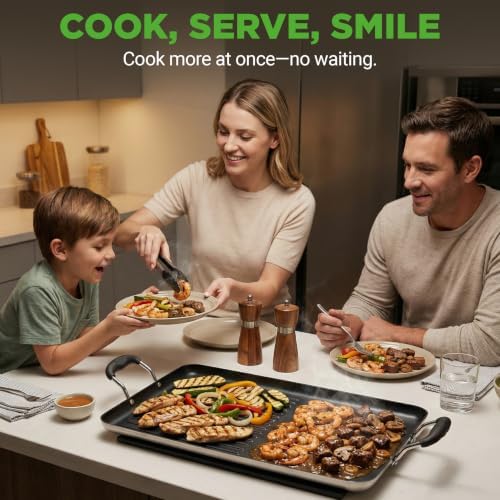 NutriChef 24" Stove Top Griddle Pan, Nonstick Double Burner Grill & Griddle Combo, Ridged & Flat Surfaces, Suitable for Frying & Searing, Cool-Touch Handles, Easy to Clean, Black - Image 2