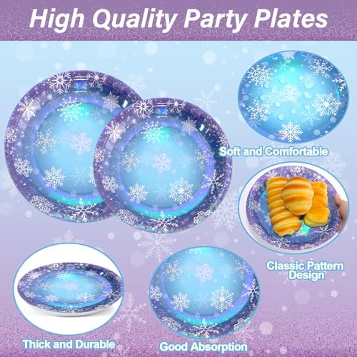 96 Pcs Winter Snowflake Paper Plates and Napkins Blue Purple Snowflake Disposable Tableware Winter Wonderland Dinnerware for Christmas New Year Birthday Party Decor Supplies - Image 3