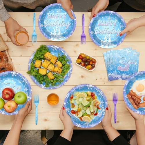 Snowflake Winter Wonderland 3rd Birthday Paper Plates Napkins Forks Disposable Dinnerware Happy 3rd Birthday Blue and Purple Winter Snowflake Tableware for Kids Christmas onderland Party Decorations - Image 6
