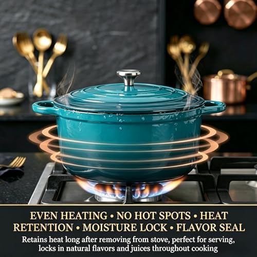 QuliMetal Enameled Cast Iron Cookware Set, 4-Piece Pots and Pans Set with Lids, 10.25" Skillet, 2QT Saucepan, 2.8QT & 4.8QT Dutch Ovens, Oven Safe to 500°F, All Stovetops Compatible - Teal - Image 5