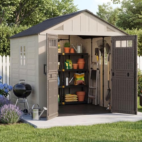 Aoxun 8x8 Ft Outdoor Storage Shed with Floor, Large Resin Outdoor Shed with Lockable Door & Windows, Garden HDPE Sheds for Lawn Tools, Pool Supplies & Bikes by Aoxun