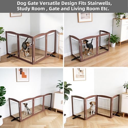 ZJSF Freestanding Dog Fence Indoor, Foldable Dog Gate for Doorways, Stairs or Hallways, Sturdy Wood Extra Wide Pet Gate with Support Feet for The House, Brown, 32 "Height-4 Panels - Image 4