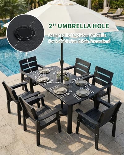 7pcs Patio Dining Set with Umbrella Hole Table & 6 Chairs, Black - Image 3