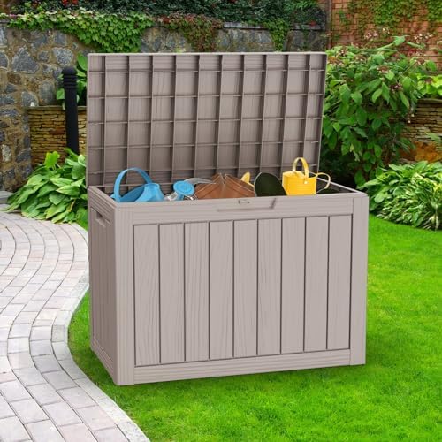 ROJIK Outdoor Storage Housing Deck Box - Waterproof Patio Furniture, Garden Tools, Cushions, Pool Accessories Storage Bench with Lockable Lid and Side Handles (Grey, 45 Gal) - Image 6