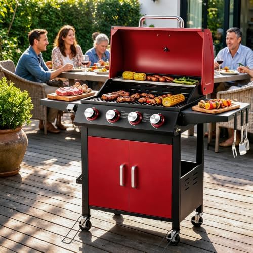 HUGROVE Upgraded 4-Burner Propane Gas Grill for Outdoor Cooking Red - Image 7