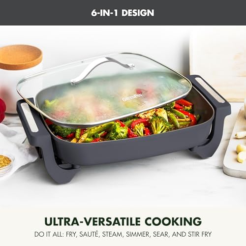 GreenPan Advanced 12” X 15” Electric Skillet with Lid, 7QT Capacity for Family Meals, Ceramic Nonstick PFAS-Free Coating, Fry, Sauté, Steam, Simmer, Sear, Stir Fry, Dishwasher Safe, Graphite - Image 2