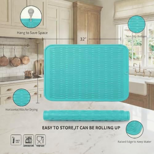 MicoYang Silicone Dish Drying Mat for Multiple Usage,Easy clean,Eco-friendly,Heat-resistant Silicone Mat for Kitchen Counter or Sink,Refrigerator or Drawer Liner Mint 4XL 32 inches x 18 inches - Image 2