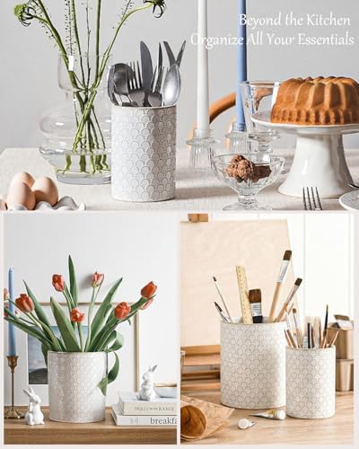 LE TAUCI Kitchen Utensil Holder for Countertop - 7.1"+5.4" Ceramic Utensil Crock Set of 2, Large Cooking Utensil Organizer for Spatula, Spoon, Whisk - Farmhouse Storage, Embossed, Fireworks - Image 4