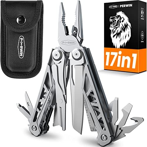 PERWIN Multitool, 17-in-1 Stainless Steel Multi Tool Pliers with Self-Locking, Pocket Knife, Nylon Sheath, Professional (EDC) Multi-Tool for Survival, Camping and Hunting, Hiking, Gifts for Men by PERWIN