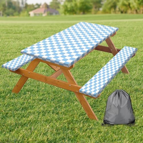 Picnic Table Cover with Bench Covers and Bag, Blue and White Checkered Gingham Buffalo Plaid Camping Tablecloth Waterproof Windproof Elastic Edges Fitted Tablecloths for Outdoor Garden 3PCS 30x60 Inch by Xguatan