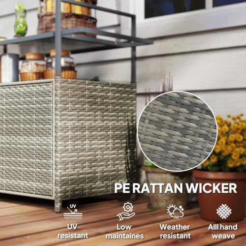 Outsunny PE Rattan Outdoor Storage Cabinet Bar Cart, Wheels, Mixed Gray - Image 4