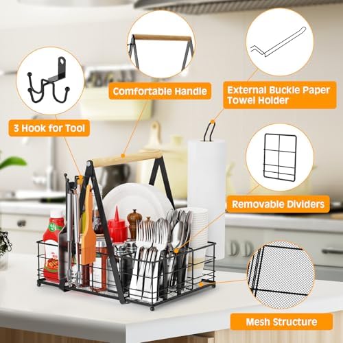 Grill Caddy with Paper Towel Holder, Picnic BBQ Condiment Utensil Organizer Caddy for Rv, Camping Accessories, Camping Essential, Camper Must Haves, Barbecue Tool Sets - Image 4