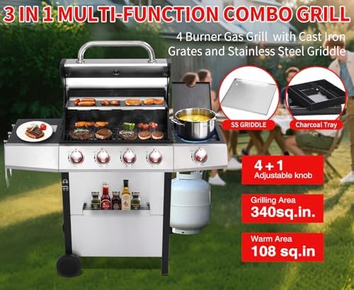 Griddle Grill Combo, 4 Burner Propane Gas and Charcoal Grill Combo with Side Burner, Outdoor BBQ Grill with Cast Iron Grates & Prep Space for Backyard Patio - Image 6