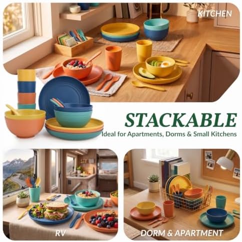 Homienly Wheat Straw Plates and Bowls Sets Unbreakable Dinnerware Set 20 PCS Dish Set for Camping, Party, Picnic Microwave and Dishwasher Safe Kitchen Dinner Set Apartment Essentials (Multicolor) - Image 6