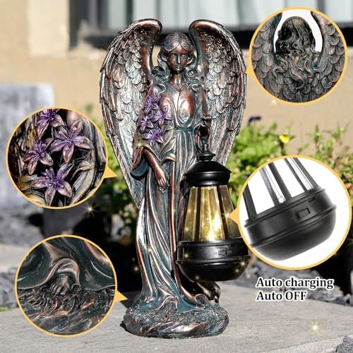 VChymm Solar Angel Outdoor Garden Decor Statues – 13.2 inches Solar Outdoor Sculptures for Outside Yard Art Patio Balcony Front Lawn Ornaments Gifts for Mom Grandma Women（Bronze） - Image 6