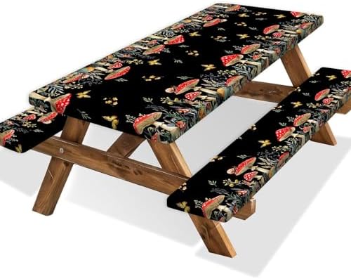 Mushroom Picnic Table Cover with Bench Covers, Camping Essentials, Waterproof Windproof Camping Tablecloth, Fitted Tablecloth Cover with Elastic Edge, for Indoor & Outdoor, Garden, 3 PCS, 30x72 Inch by Xguatan