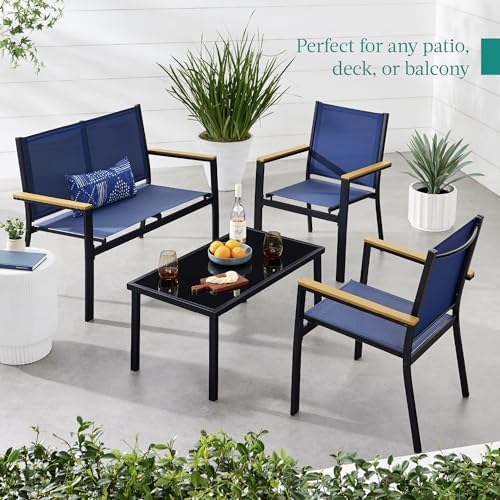 Best Choice Products 4-Piece Outdoor Textilene Patio Conversation Set, Backyard Furniture w/Loveseat, Coffee Table, Steel Frame - Black/Navy - Image 3
